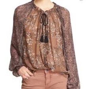 Free People Hendrix Floral Peasant Long Balloon Sleeve Tassel Blouse Top